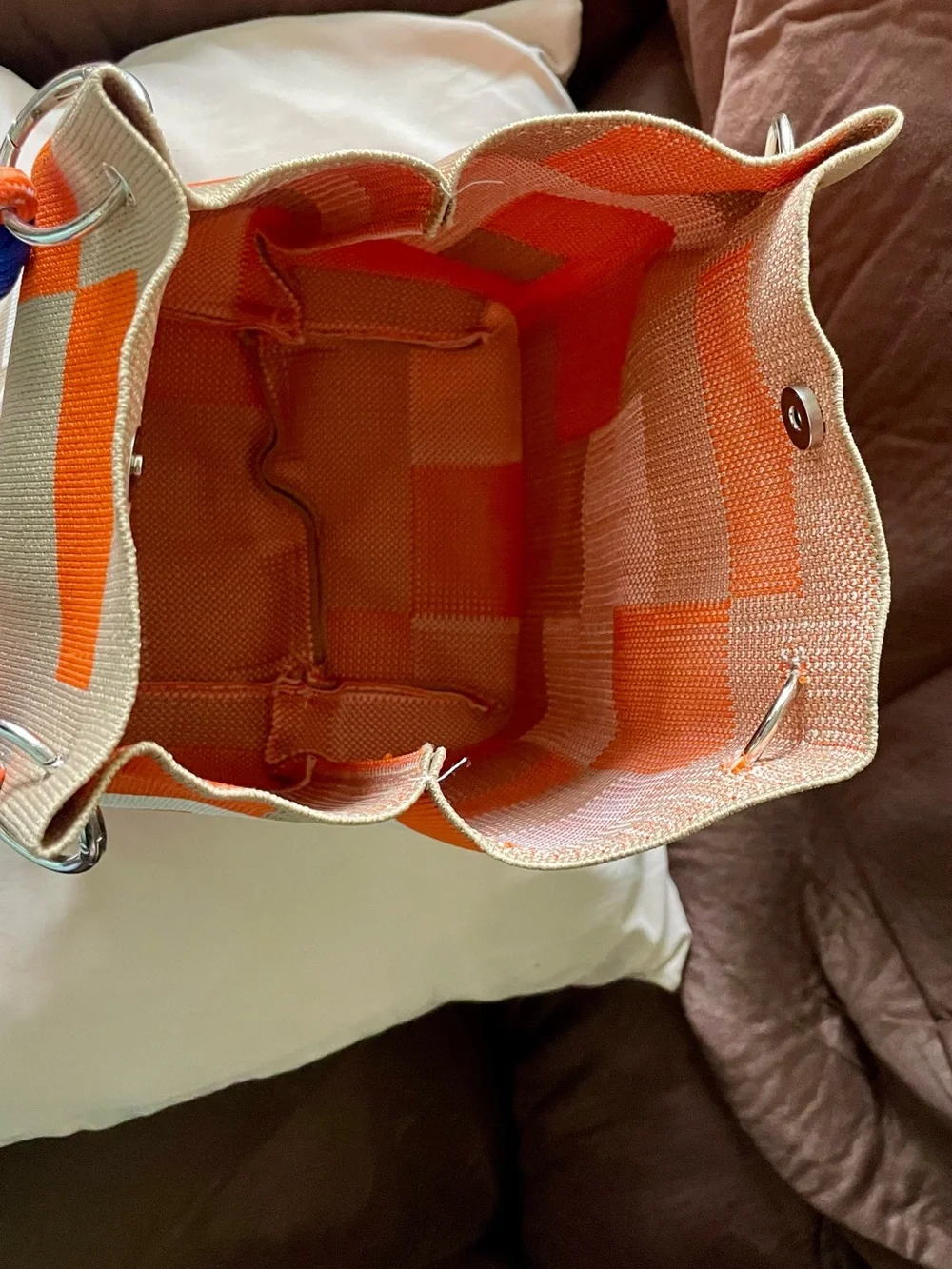 Canvas Tote Bag in Orange, White & Tan